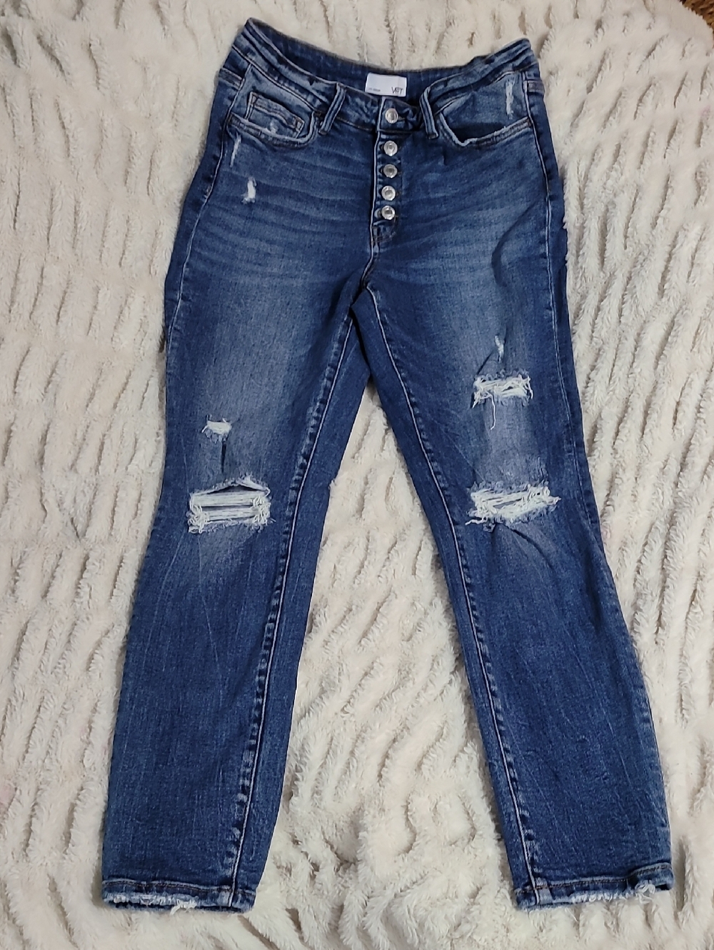 VERVET High-Rise Distressed Skinny Jeans in Dark Blue